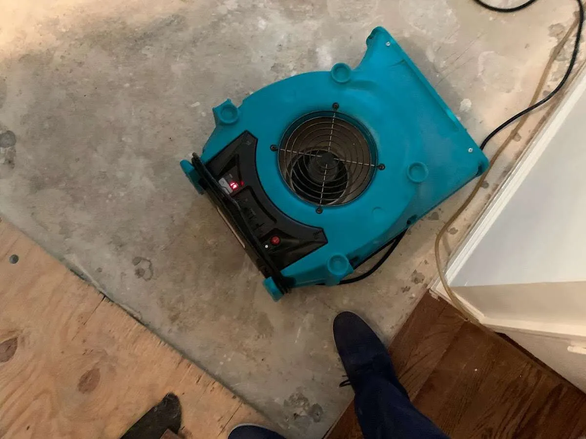 Air mover drying subfloor during Commercial Water Damage Restoration in Upper Pottsgrove